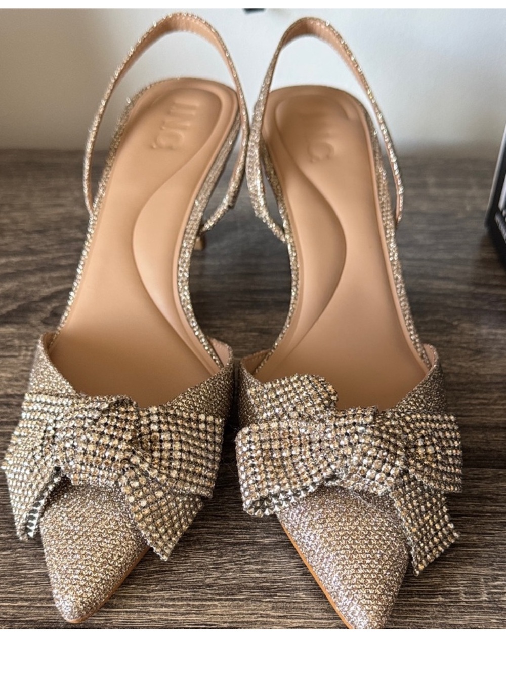 INC International Concepts Gold Rhinestone Bow Slingback Heels 
Size 6.5